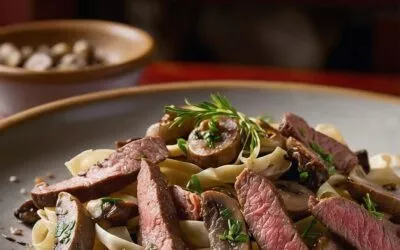 Tagliatelle mit zarten Steakstreifen und duftenden Champignons