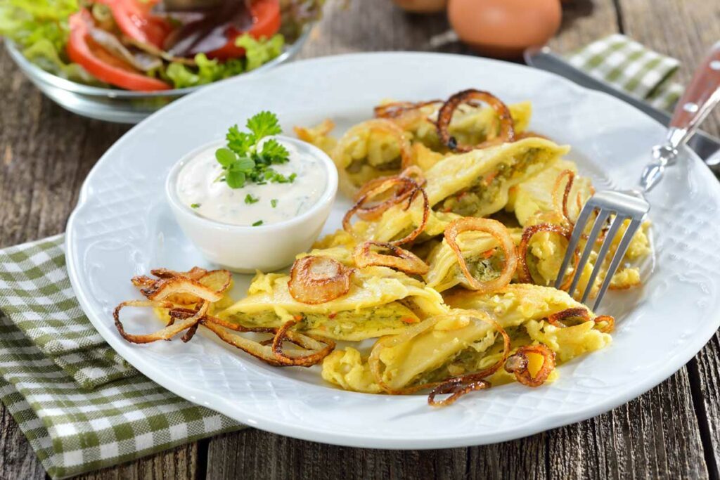 Vegetarische Maultaschen-mit Röstzwiebeln