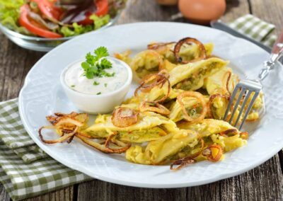 Vegetarische Maultaschen-mit Röstzwiebeln