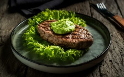 Gegrilltes Steak mit Blattsalat und Avocado-Dressing