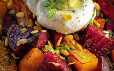 Salat aus Rote Bete und Süßkartoffeln mit Burrata und gerösteten Pinienkernen