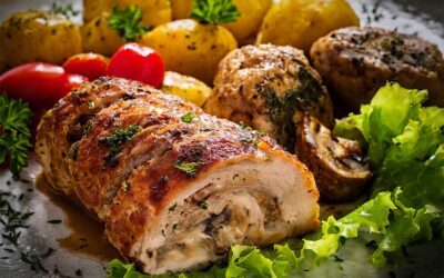 Gebratenes gefülltes Filet mit Pilzen und Gemüse