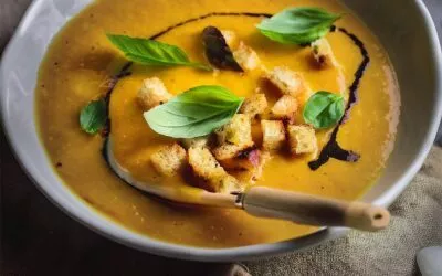Kürbispüree-Suppe mit Croutons und Basilikum