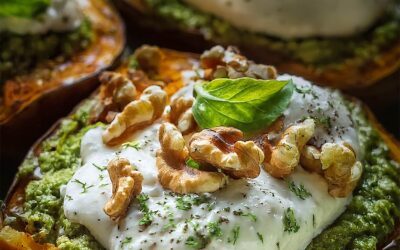 Gefüllte Süßkartoffeln mit Burrata, Pesto und Walnüssen