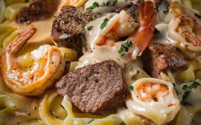 Pasta mit Steak und Garnelen in cremiger Sauce