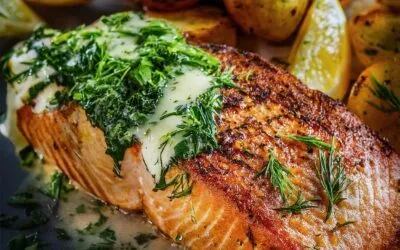 Gebratener Lachs mit Dill-Sauce und gerösteten Kartoffeln