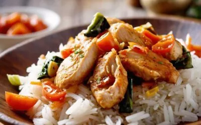 Mediterranes Hähnchenbrustfilet auf duftendem Basmatireis mit Tomaten