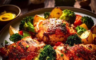 Ofenhähnchen mit Brokkoli, Paprika und Kartoffeln