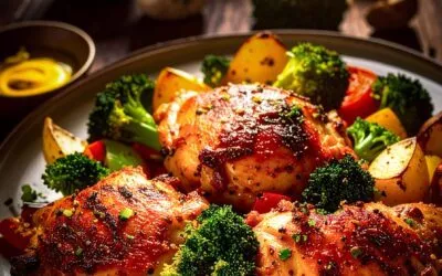 Ofenhähnchen mit Brokkoli, Paprika und Kartoffeln