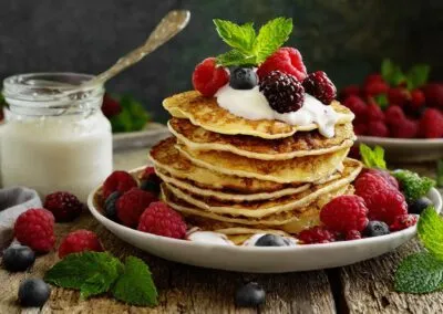 Vollkornpfannkuchen-mit-gemischten-Beeren-und-griechischem-Joghurt