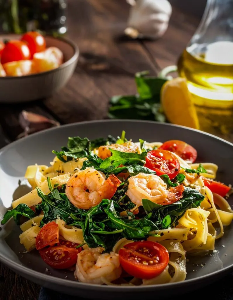 Tagliatelle mit Garnelen, Rucola & Kirschtomaten