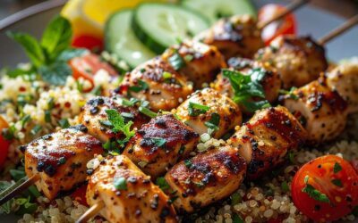 Kräuter-Spieße auf buntem Gemüse-Quinoa