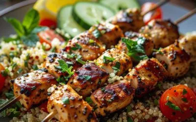Kräuter-Spieße auf buntem Gemüse-Quinoa