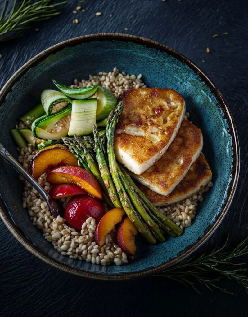 Bowl-mit-gruenem-Spargel-und-gebtratenem-Haloumi