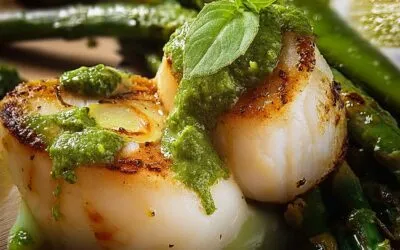 Jakobsmuscheln und grüner Spargel an Basilikum-Pesto